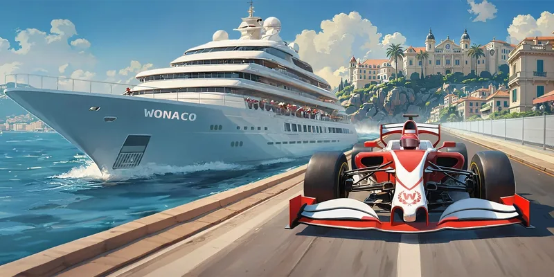 Banner Wonaco del pacchetto di benvenuto con yacht e monoposto di Formula 1